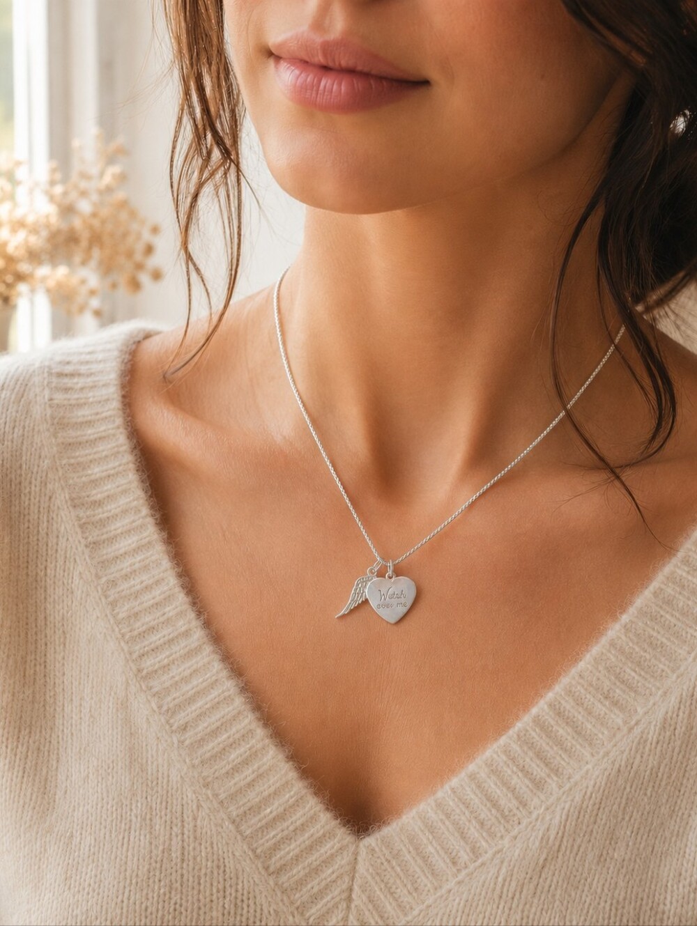 Sterling Silver Watch Over Me Heart Angel Wing Necklace Italy 925 Chain